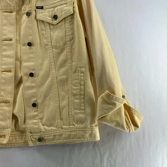 OBEY Denim Trucker Jacket Womens S Graphic Rose Button Front Long Sleeve Yellow - Picture 8 of 13